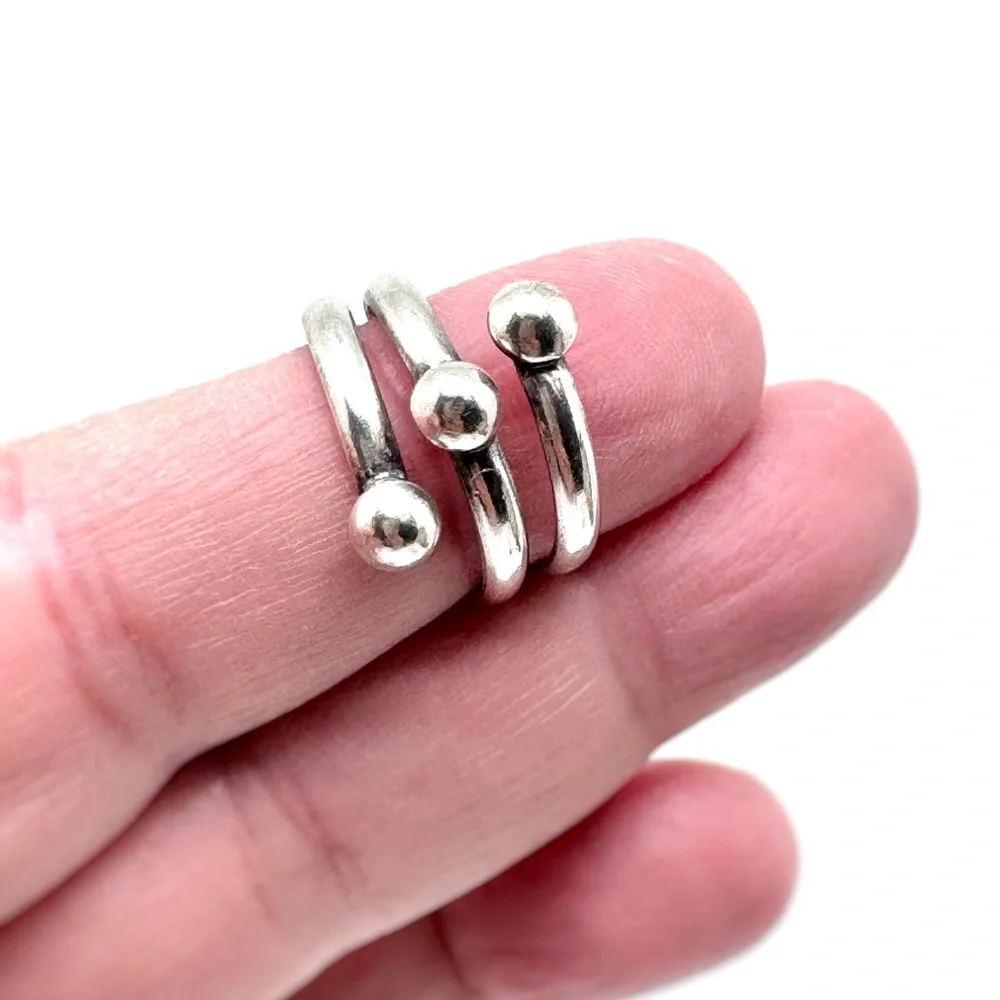 Vintage Sterling Silver Triple Beaded Wrap Bypass Ring Size 7 1/2